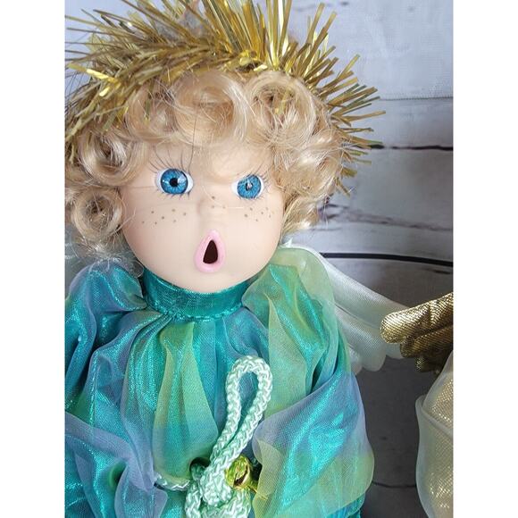 Porcelain Christmas Angel Dolls Lot 3 Dressed in Gold with Open Mouth Instrument - Picture 8 of 12